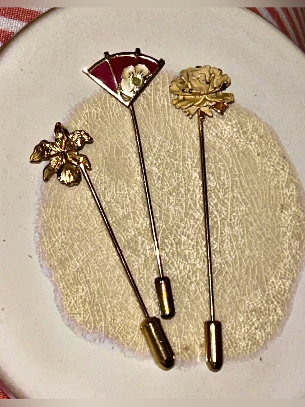 Gold Enamel Flower Blooming | Fan | Maple Leaf Stick Pins with Cap- Set of 3 EUC
